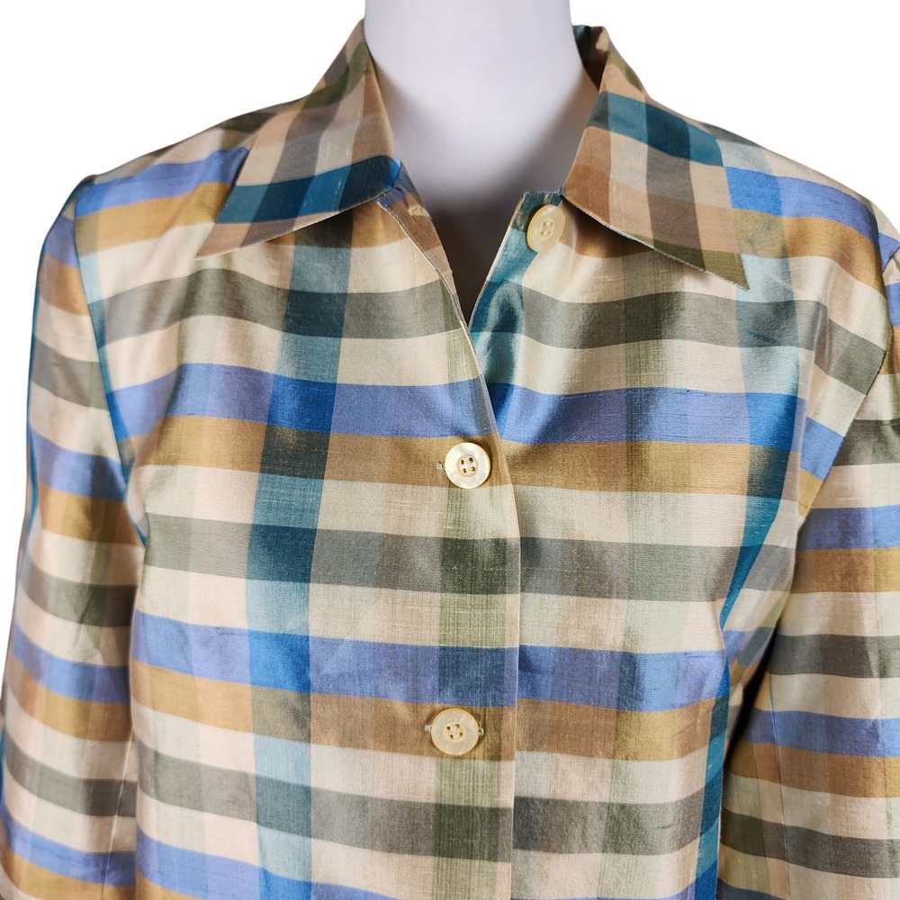Silkland Shirt Top Jacket Womens 10 Blue Gold Green Check Silk Casual Office VTG - Picture 3 of 8